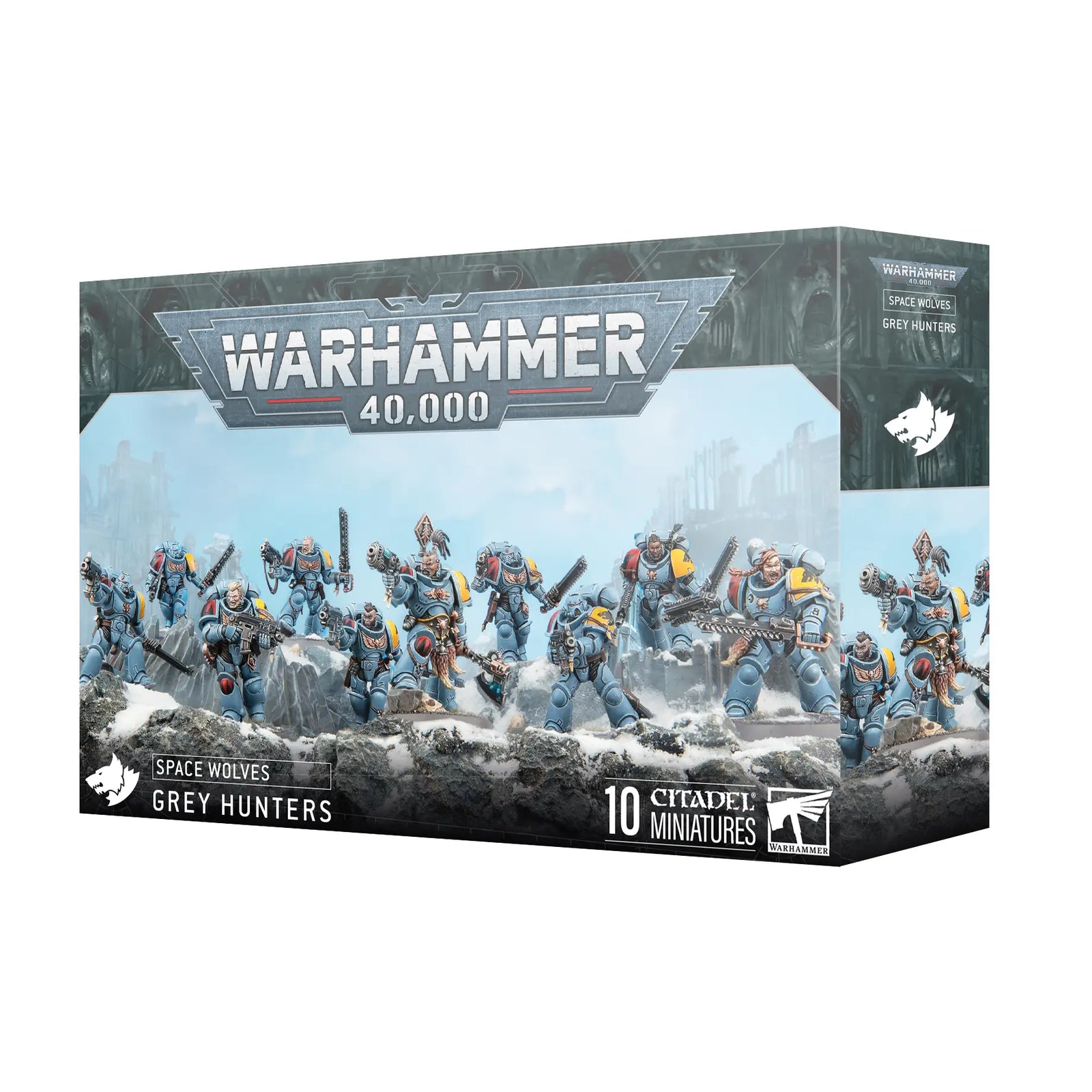 Warhammer 40K Space Wolves Grey Hunters miniature set in blue-grey armor, featuring 10 Citadel figures with weapons posed on snowy rocky terrain against a pale blue backdrop.
