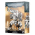 Warhammer 40,000 T’au Empire Stormsurge box shows white and gray armored battlesuit artwork on glossy cardboard packaging, rectangular in form, featuring a massive T’au artillery walker miniature for tabletop wargaming, standing on rocky ground within a futuristic battlefield.