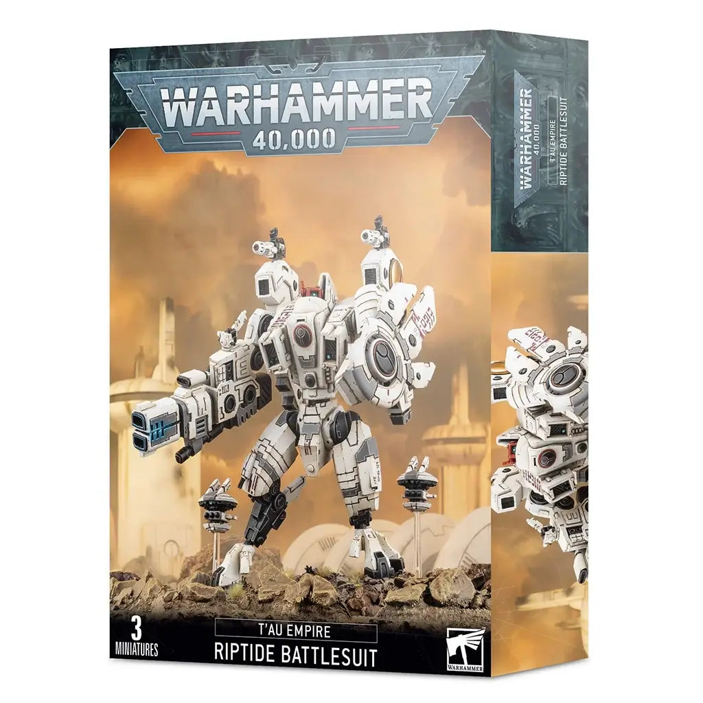 Warhammer 40,000 T’au Empire Riptide Battlesuit miniature with white armored plating, smooth mechanical surfaces, tall bipedal mech form, heavy pulse weaponry, and shield systems, built for battle.