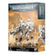 Warhammer 40,000 T’au Empire Riptide Battlesuit miniature with white armored plating, smooth mechanical surfaces, tall bipedal mech form, heavy pulse weaponry, and shield systems, built for battle.