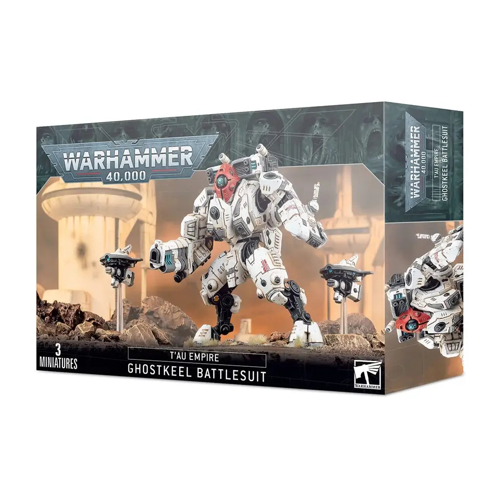 Warhammer 40,000 T’au Empire Ghostkeel Battlesuit miniature with white armored panels, smooth mechanical textures, tall stealth battlesuit form with shoulder drones, used in covert combat.