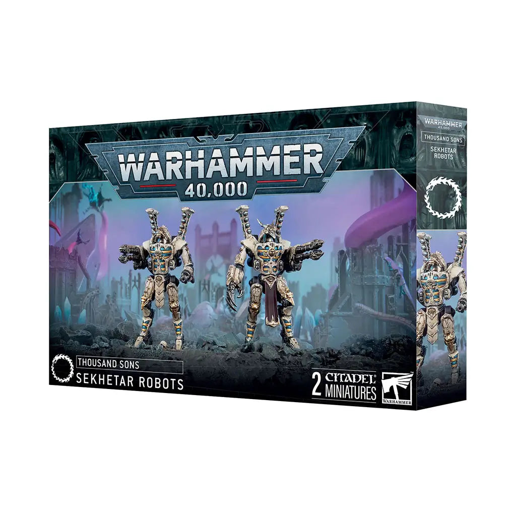 Warhammer 40,000 Thousand Sons Sekhetar Robots miniature box, showcasing two armored constructs with ornate details and claws, set against a mystical sci-fi battlefield backdrop.