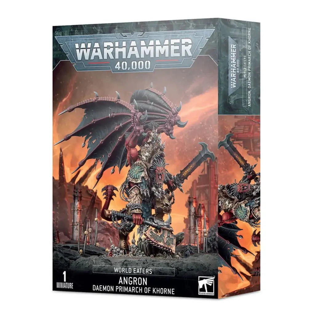 Warhammer 40,000 Angron Daemon Primarch of Khorne box shows fiery orange and black glossy cardboard packaging, rectangular in form, featuring a winged World Eaters daemon primarch miniature posed amid shattered ruins on a hellish battlefield.