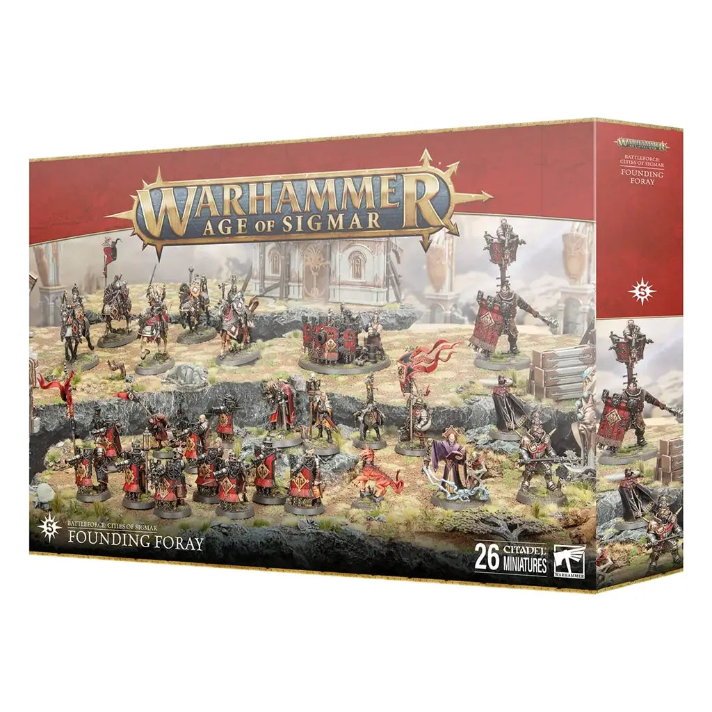 Warhammer Age of Sigmar Cities of Sigmar Founding Foray Battleforce box shows red and tan textured cardboard packaging, rectangular in form, featuring Citadel miniatures for tabletop wargaming, depicting armored soldiers and heroes advancing across a fortified city landscape.