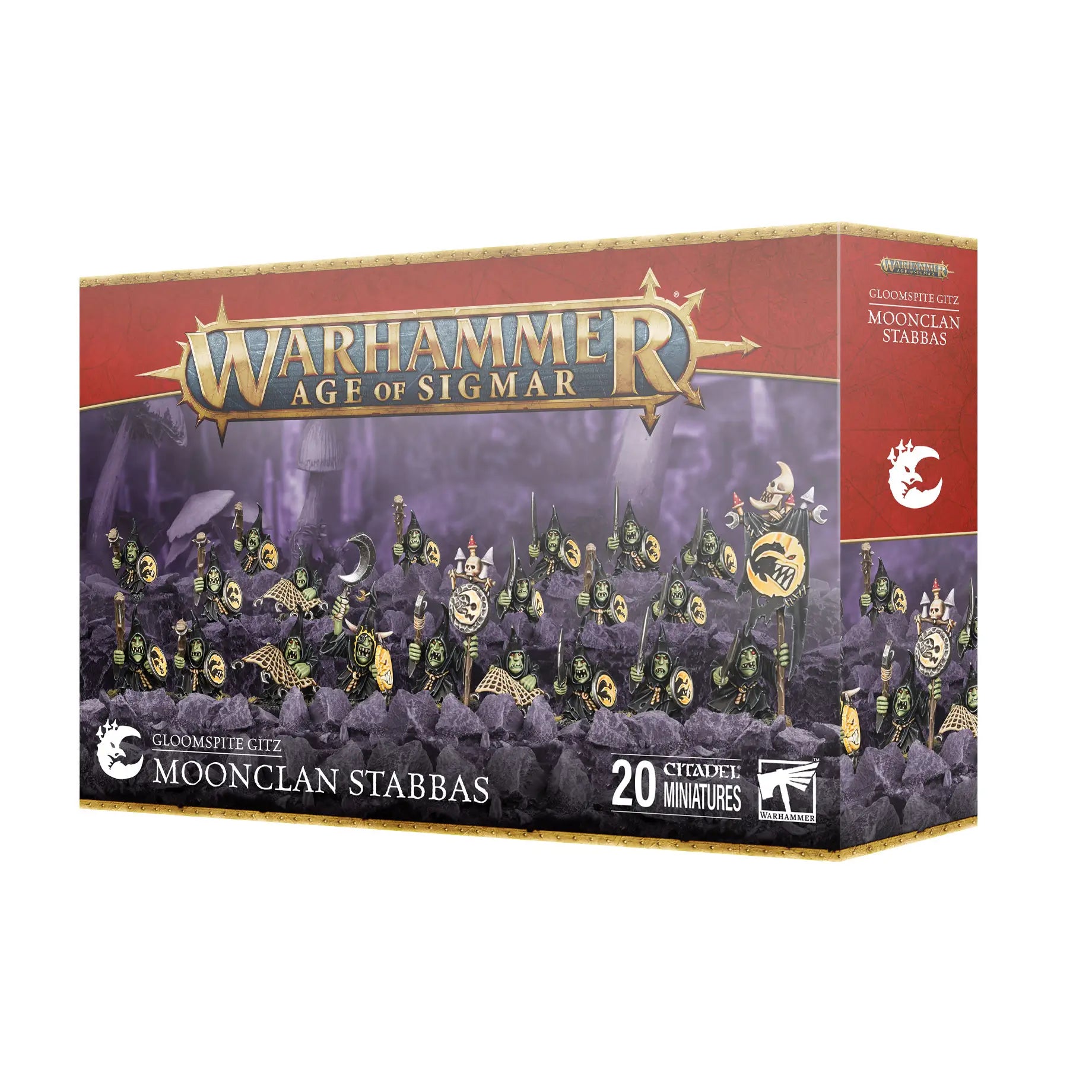 Warhammer Age of Sigmar Gloomspite Gitz miniatures feature green-skinned goblins with dark robes, round shields and spears for fantasy tabletop battles against a rocky cavern backdrop.
