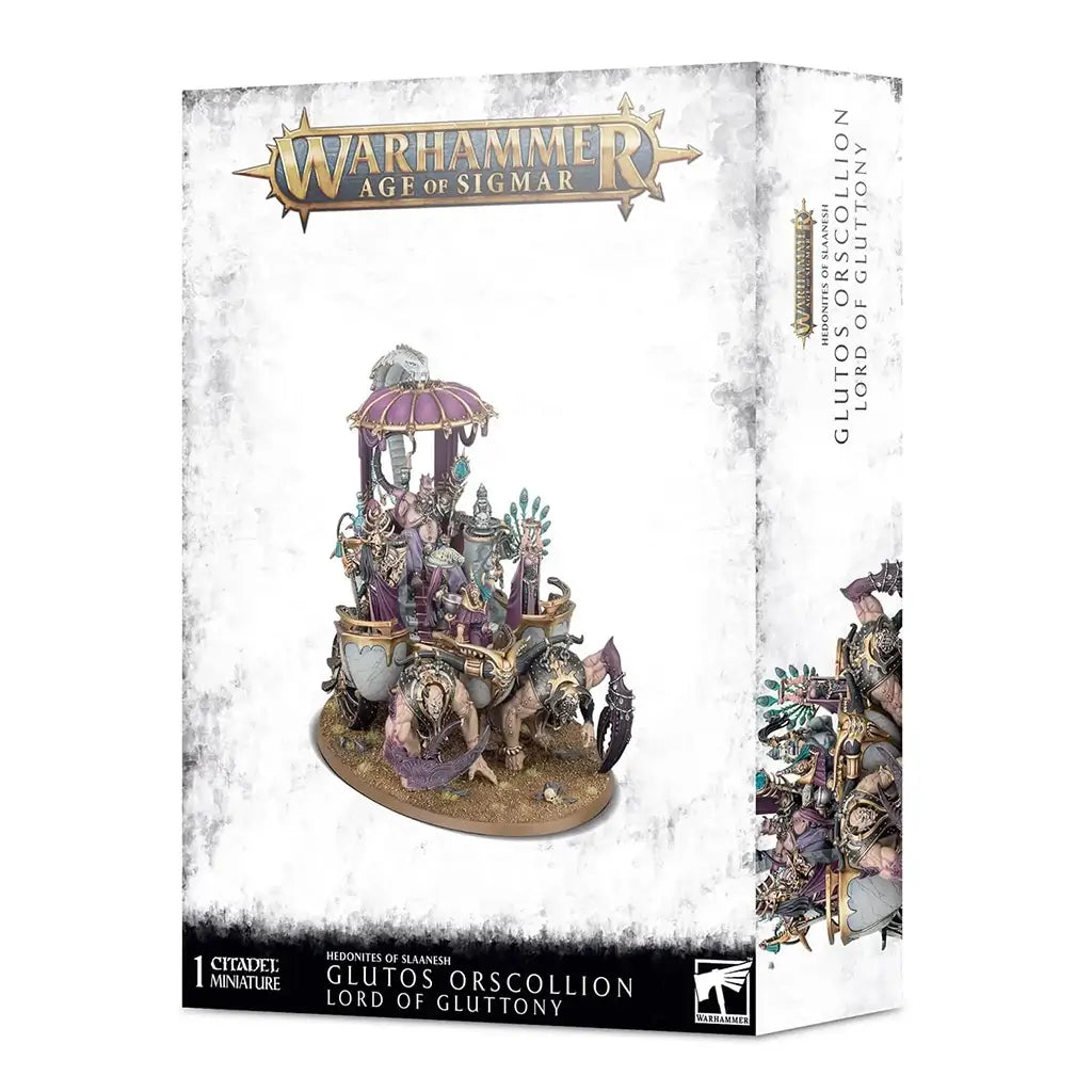 Warhammer Age of Sigmar miniature featuring pale flesh tones with rich purple and gold armor, an ornate grotesque lord seated on a lavish palanquin, representing Glutos Orscollion, Lord of Gluttony, displayed on a distressed white retail box background.