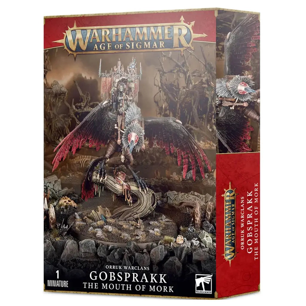 Warhammer Age of Sigmar Gobsprakk the Mouth of Mork box shows red and brown textured cardboard packaging, rectangular in form, featuring an Orruk Warclans leader mounted on a winged beast miniature, posed within a rocky fantasy battlefield setting.