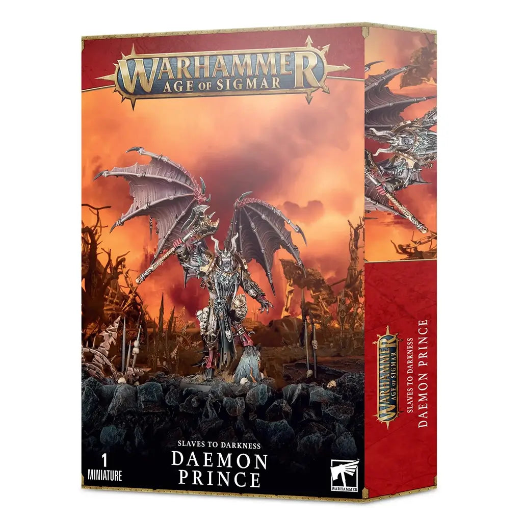 Warhammer Age of Sigmar Slaves to Darkness Daemon Prince miniature with dark metallic armor, jagged demonic textures, towering winged humanoid form wielding a massive weapon, used as a chaos leader.