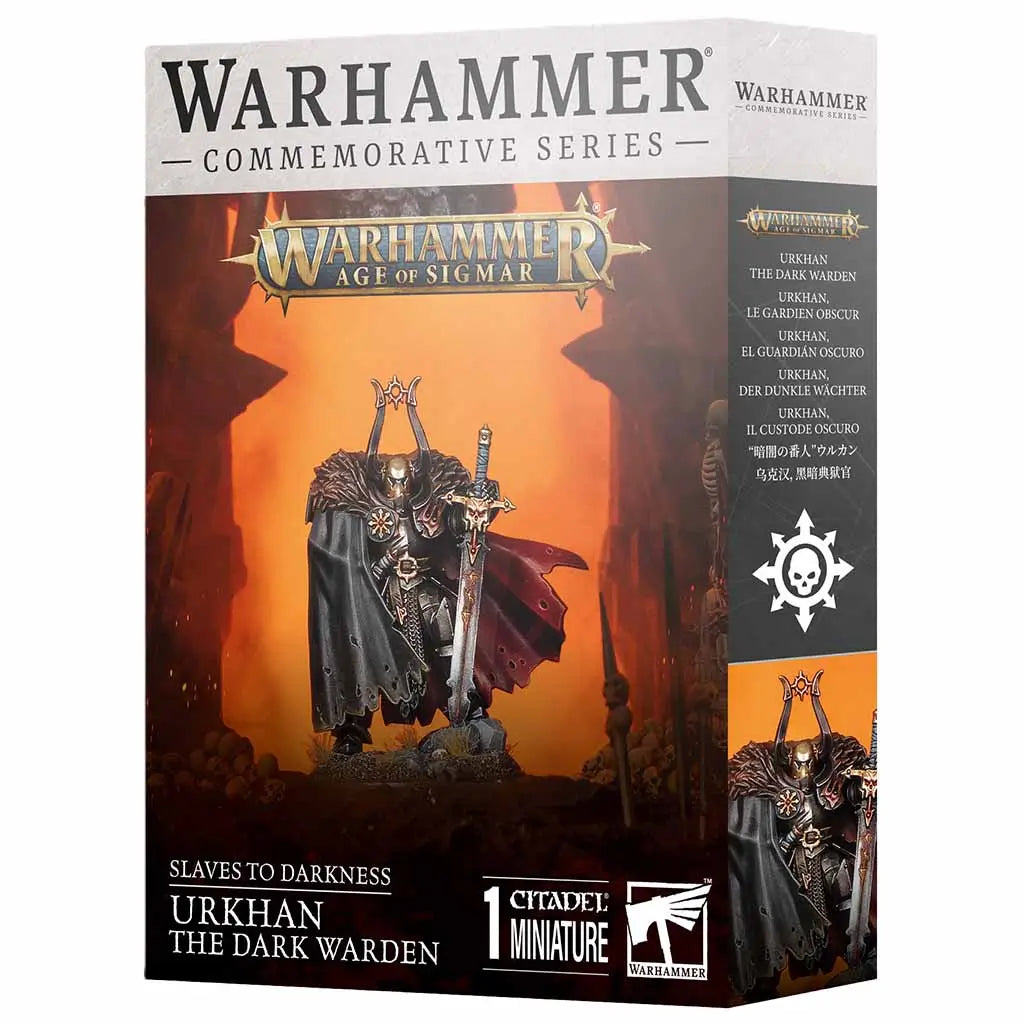 Warhammer Age of Sigmar Urkhan the Dark Warden commemorative miniature box, showing a detailed armored warrior with a greatsword and dark cape standing in a fiery, cavernous battlefield background.