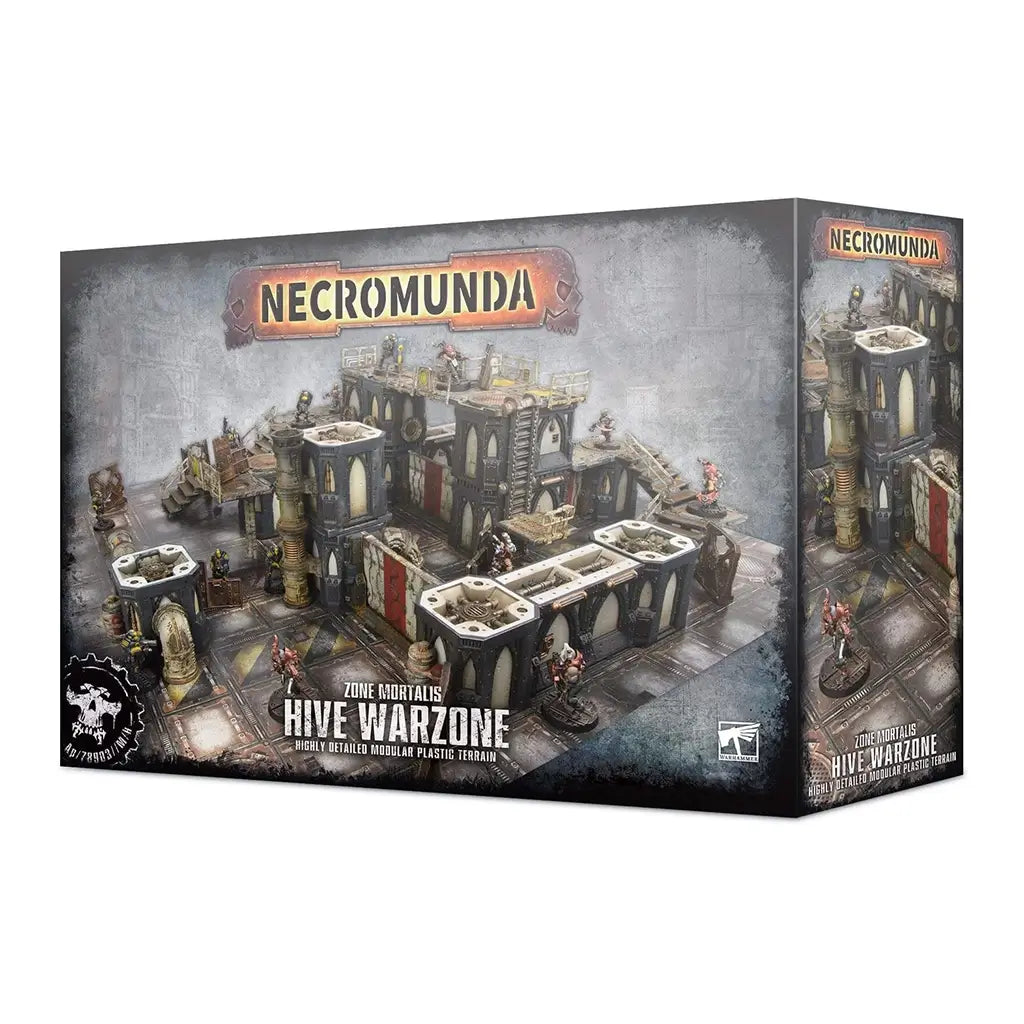 Necromunda Hive War Zone Mortalis Hive Warzone box shows gray industrial cardboard packaging, rectangular in form, featuring modular plastic terrain with platforms, walls, and gantries for tabletop skirmish gaming, set within a dense hive city environment.