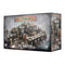 Necromunda Hive War Zone Mortalis Hive Warzone box shows gray industrial cardboard packaging, rectangular in form, featuring modular plastic terrain with platforms, walls, and gantries for tabletop skirmish gaming, set within a dense hive city environment.