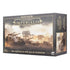 Warhammer The Horus Heresy Legions Imperialis box shows dark gray and bronze matte cardboard packaging, rectangular in form, featuring epic-scale armored tanks and war machines for tabletop wargaming, advancing across a smoke-filled battlefield during the Age of Darkness.