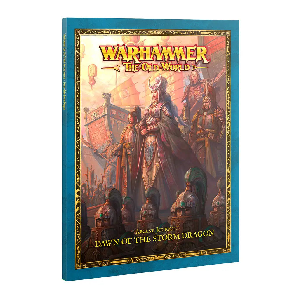 Warhammer Old World Arcane Journal book with teal hardcover and ornate gold border, tall rectangular format, showing armored commanders and soldiers beneath banners in a fantasy battlefield setting.