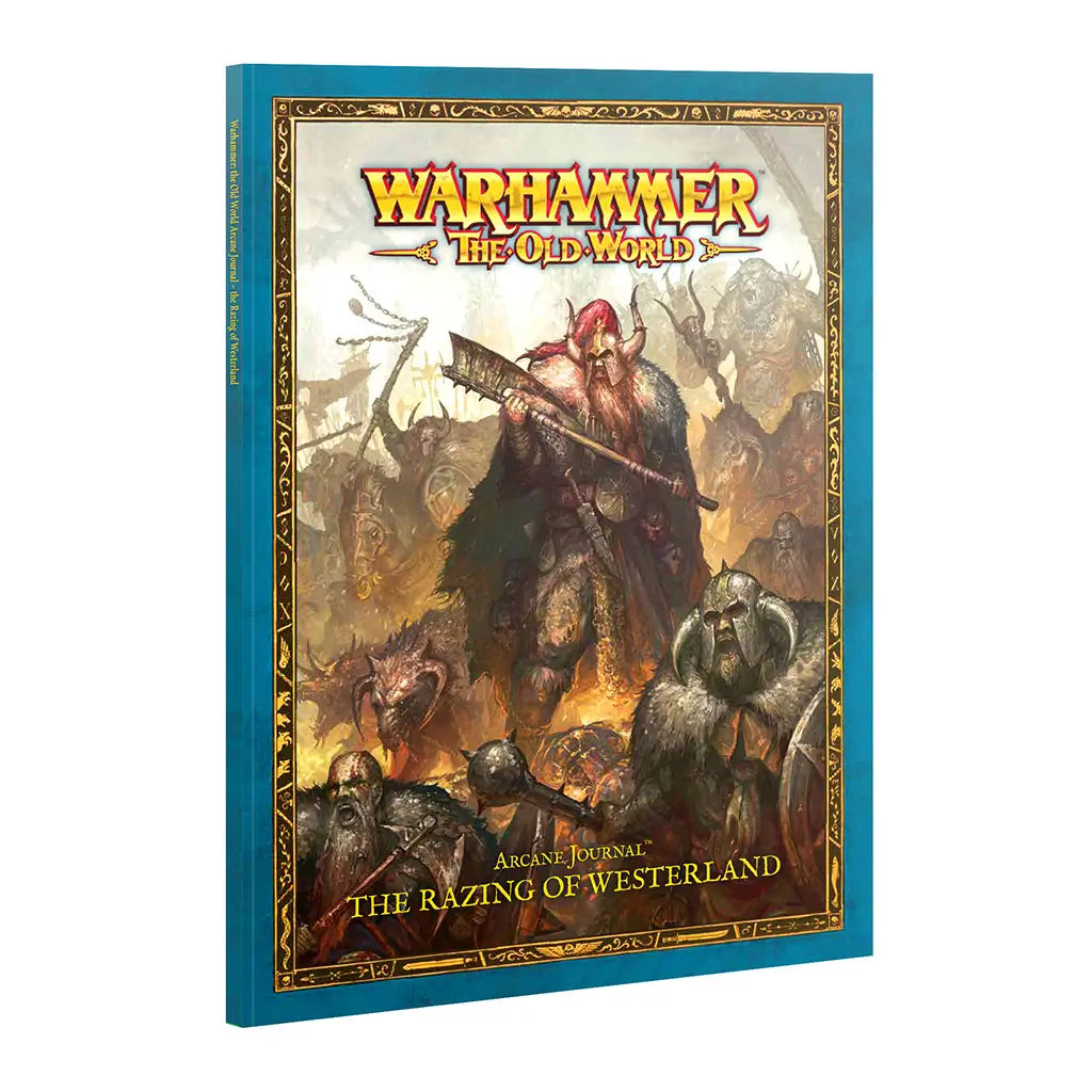 Warhammer The Old World Arcane Journal book with teal hardcover and ornate gold border, tall rectangular format, showing fur-clad barbarian warriors wielding axes amid fire and smoke.