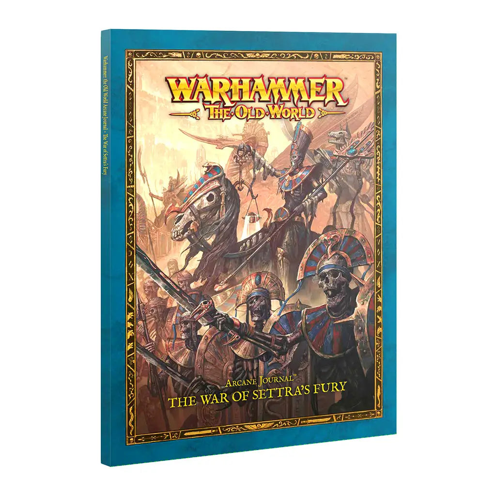 Warhammer The Old World Arcane Journal book with teal hardcover and ornate gold border, tall rectangular format, depicting skeletal warriors and undead cavalry advancing across a desert battlefield.