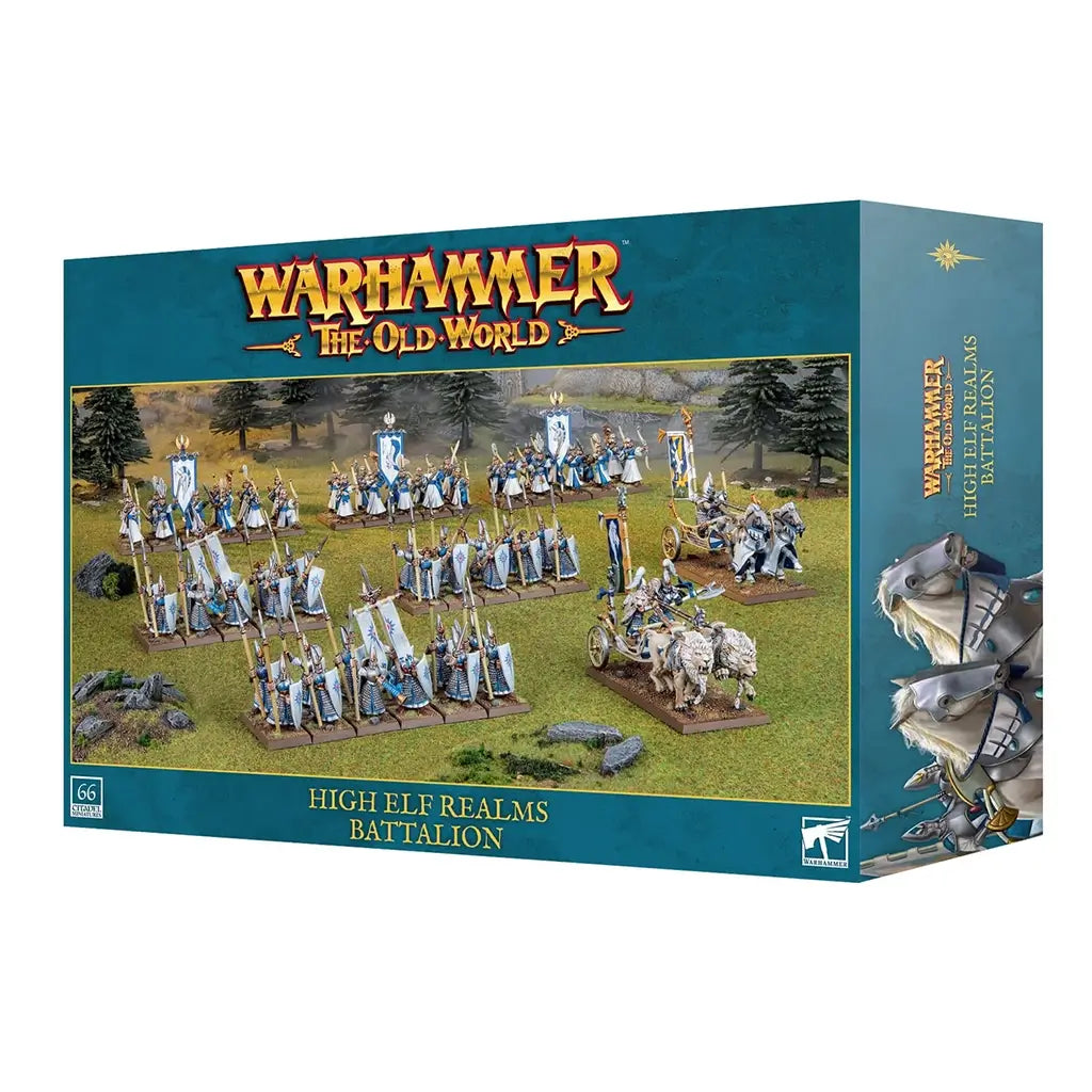 Warhammer The Old World High Elf Realms Battalion box showing blue and white armored elf infantry, sleek spears, banners, and chariots arranged for fantasy tabletop battles on a grassy battlefield.