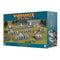 Warhammer The Old World High Elf Realms Battalion box showing blue and white armored elf infantry, sleek spears, banners, and chariots arranged for fantasy tabletop battles on a grassy battlefield.
