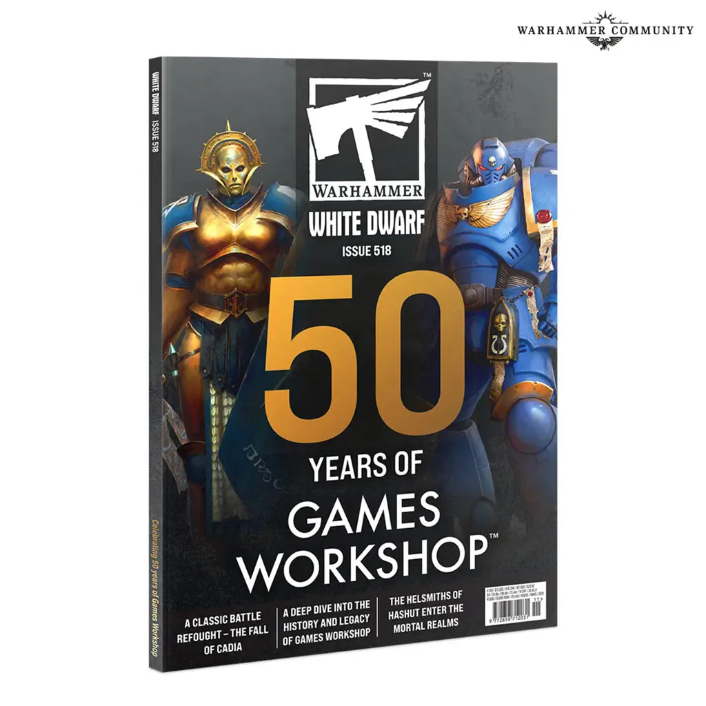 Warhammer White Dwarf magazine cover showing gold and blue armored characters on a matte black background, marking 50 years of Games Workshop with bold typography and featured article highlights.