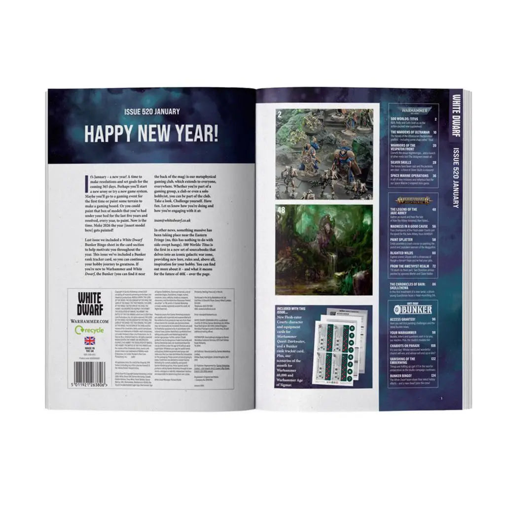 Warhammer White Dwarf Issue 520 interior spread showing dark blue magazine pages, Happy New Year editorial text, multiple miniature photos, article previews, and structured layout on a flat studio background.