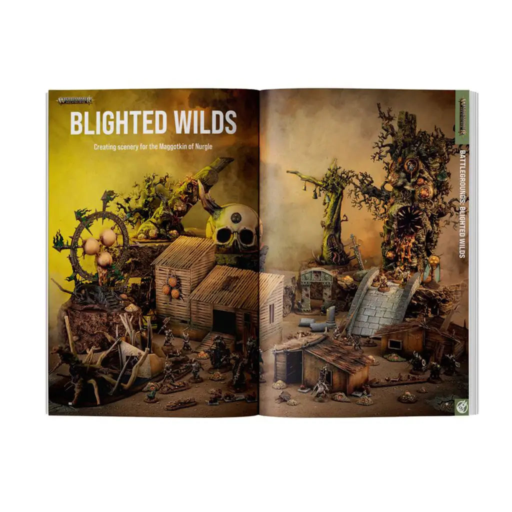 Warhammer White Dwarf Issue 520 interior scenery spread featuring earthy green and brown terrain models, twisted trees, ruins, skull details, miniature figures, and atmospheric fantasy battlefield setting.