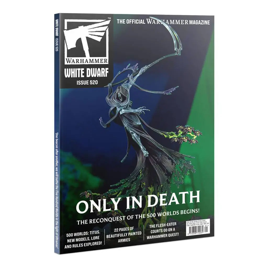 Warhammer White Dwarf Issue 520 magazine cover featuring dark blue and green artwork, flowing ghostly figure with scythe, flying creatures, bold white title text, and dramatic fantasy theme on a clean studio background.