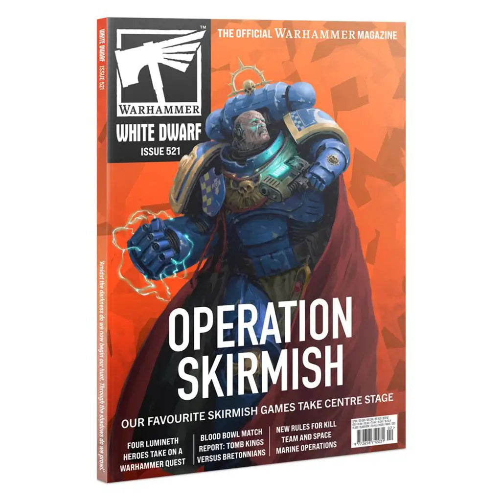 Warhammer White Dwarf 521 magazine cover in bright orange, blue, red, and metallic armor featuring an Ultramarines Space Marine channeling blue energy, posed for combat against a bold geometric sci-fi background