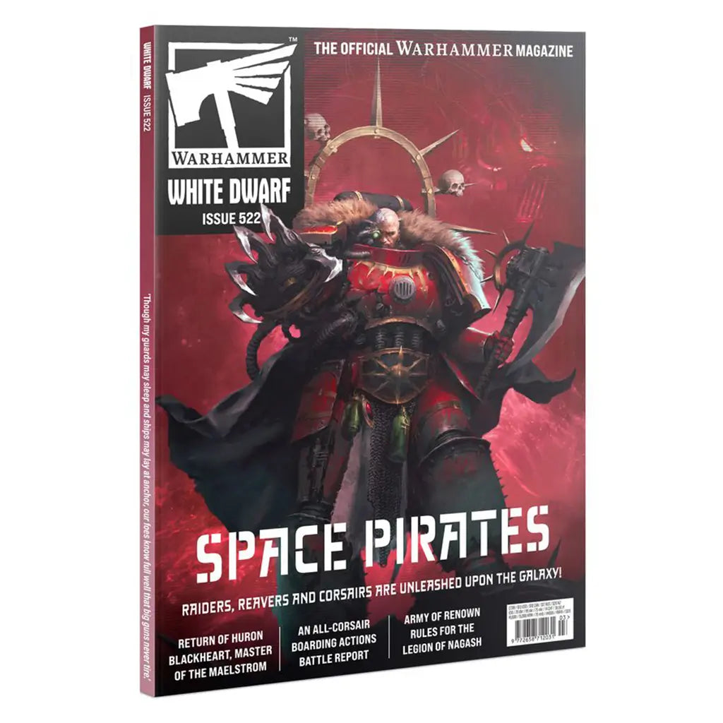 Warhammer White Dwarf 522 magazine cover in deep red, black, and metallic armor featuring Huron Blackheart in spiked power armor holding a massive axe, with skull motifs and a dark galactic battle