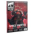 Warhammer White Dwarf 522 magazine cover in deep red, black, and metallic armor featuring Huron Blackheart in spiked power armor holding a massive axe, with skull motifs and a dark galactic battle