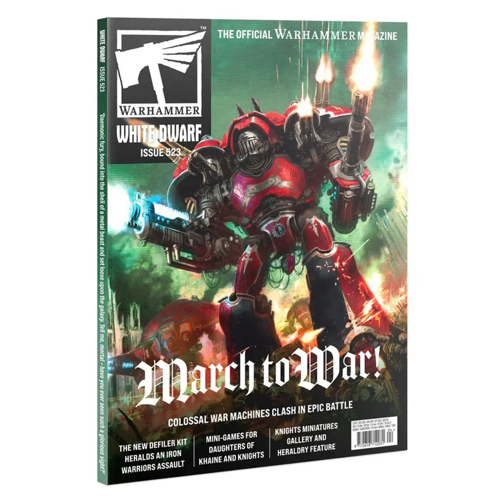 Warhammer White Dwarf 523 magazine cover in red, black, green, and metallic painted artwork featuring a towering armored Imperial Knight firing heavy weapons during a sci-fi battle across a smoke-filled futuris