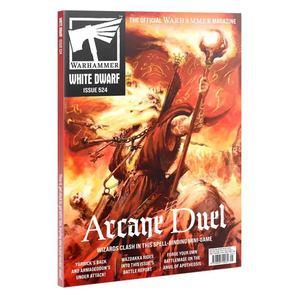 Warhammer White Dwarf 524 magazine cover in fiery red, orange, and black painted artwork featuring a robed wizard raising a glowing staff during an arcane battle, with swirling flames and magical energy.
