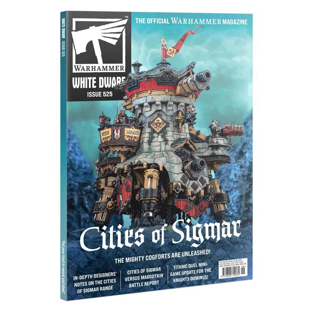 Warhammer White Dwarf 525 magazine cover in teal, gray, red, and black painted artwork featuring a towering Cities of Sigmar fortress with armored details, cannons, banners, and rocky mountain scenery beneath a bright sky.