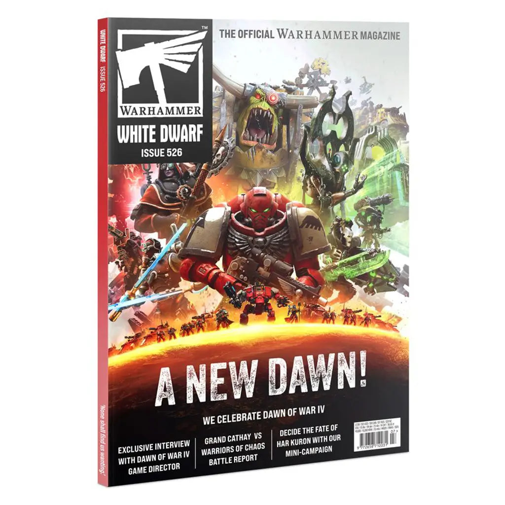 Warhammer White Dwarf 526 magazine cover in black, red, and multicolored glossy artwork featuring armored Space Marines, Orks, and Necrons in a dramatic sci-fi battle against a bright futuristic backdrop.