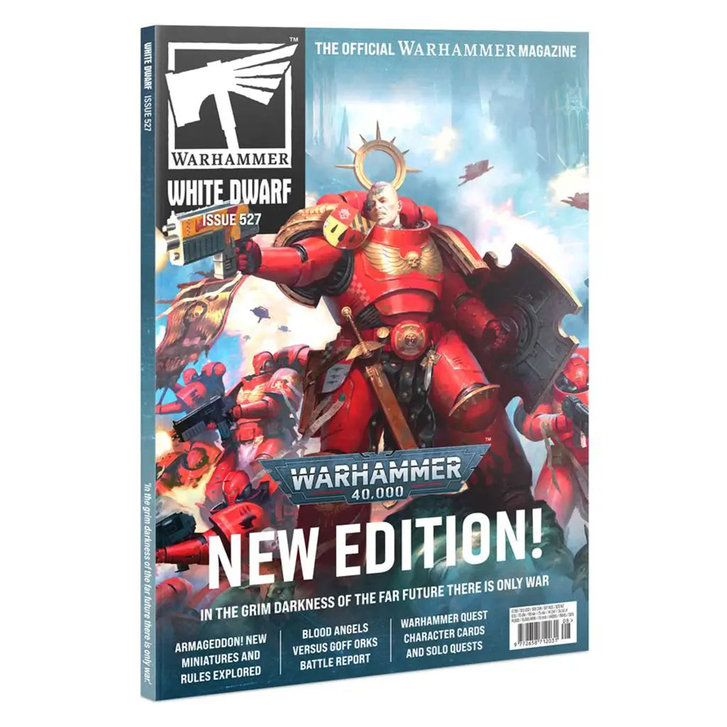White Dwarf Issue 527 Warhammer magazine features red armored Blood Angels Space Marines with weapons and shields in a futuristic blue battlefield scene on the cover.