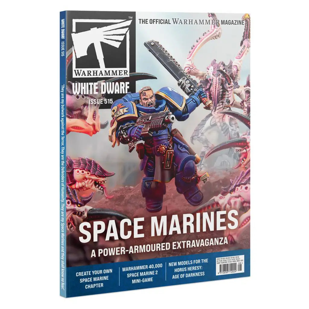 Cover of Warhammer White Dwarf magazine issue 515 featuring a detailed illustration of a Space Marine in blue armor wielding a chainsword and bolter, fighting alien Tyranid creatures in a dramatic battle scene.