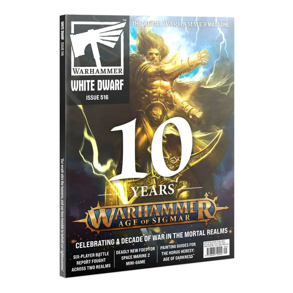 White Dwarf magazine Issue 516 by Warhammer, celebrating 10 years of Age of Sigmar, with golden armored warrior cover art, anniversary design, and feature highlights listed below.