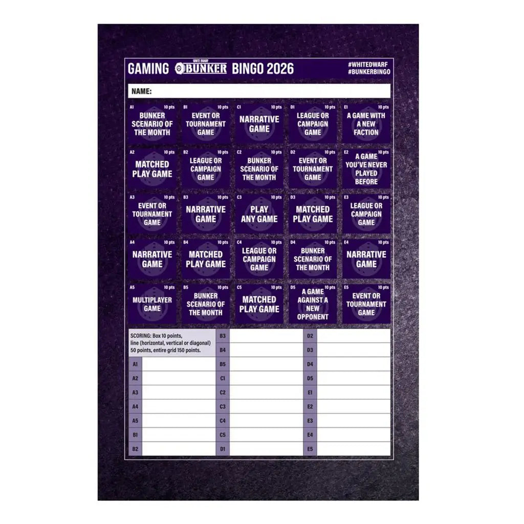 Gaming Bunker Bingo 2026 page from White Dwarf magazine features a purple grid layout with labeled squares, bold white typography, score sections, and structured challenges designed for Warhammer hobby and gameplay tracking.