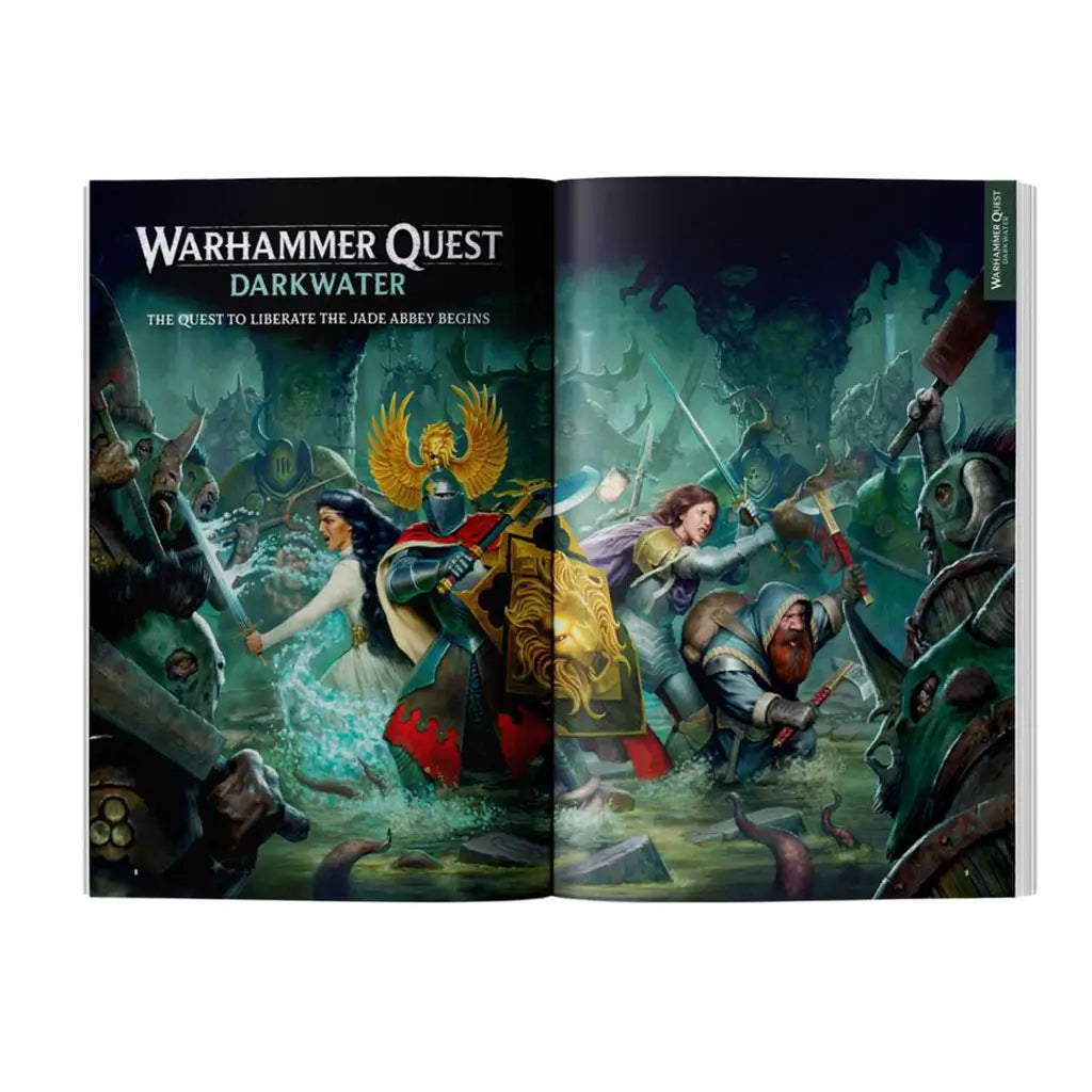 White Dwarf magazine double-page spread for Warhammer Quest Darkwater shows richly painted fantasy battle artwork with heroes and enemies fighting in flooded ruins, dramatic lighting, swirling water effects, and cinematic action scenes.