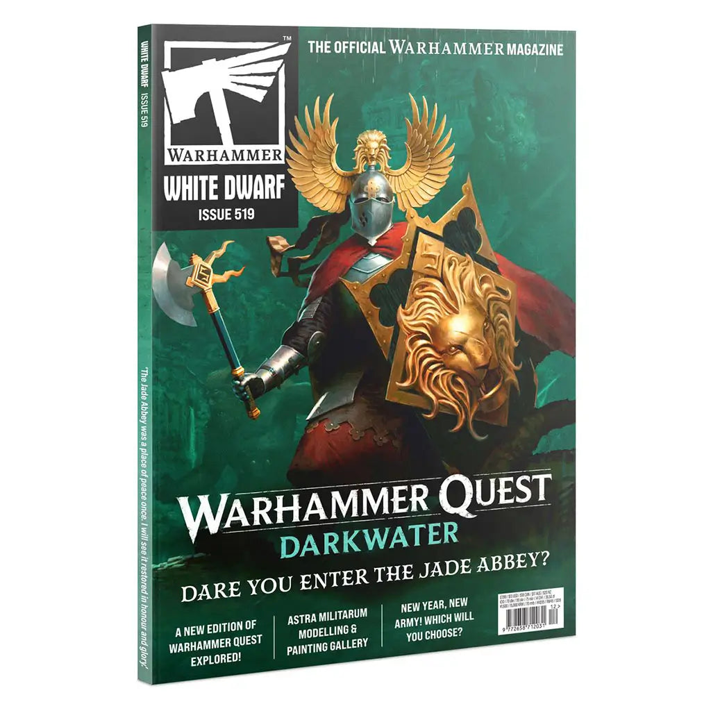 White Dwarf magazine Issue 519 cover shows deep green illustrated artwork with a gold-armored Warhammer Quest hero, ornate winged helmet, lion shield, raised axe, and Darkwater theme set against a moody fantasy background.