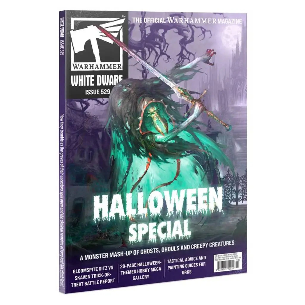 Warhammer White Dwarf magazine issue 529 features a purple Halloween Special cover with a glowing green, hooded ghost wielding crossed swords in a dark, twisted graveyard scene.