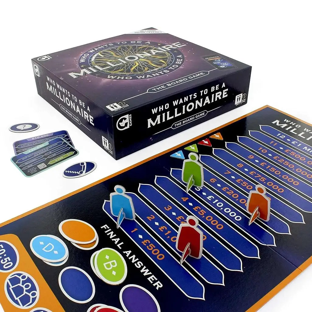 Close-up of Who Wants to Be a Millionaire board game in play with players' pawns advancing on the prize ladder and various lifeline tokens on the board.