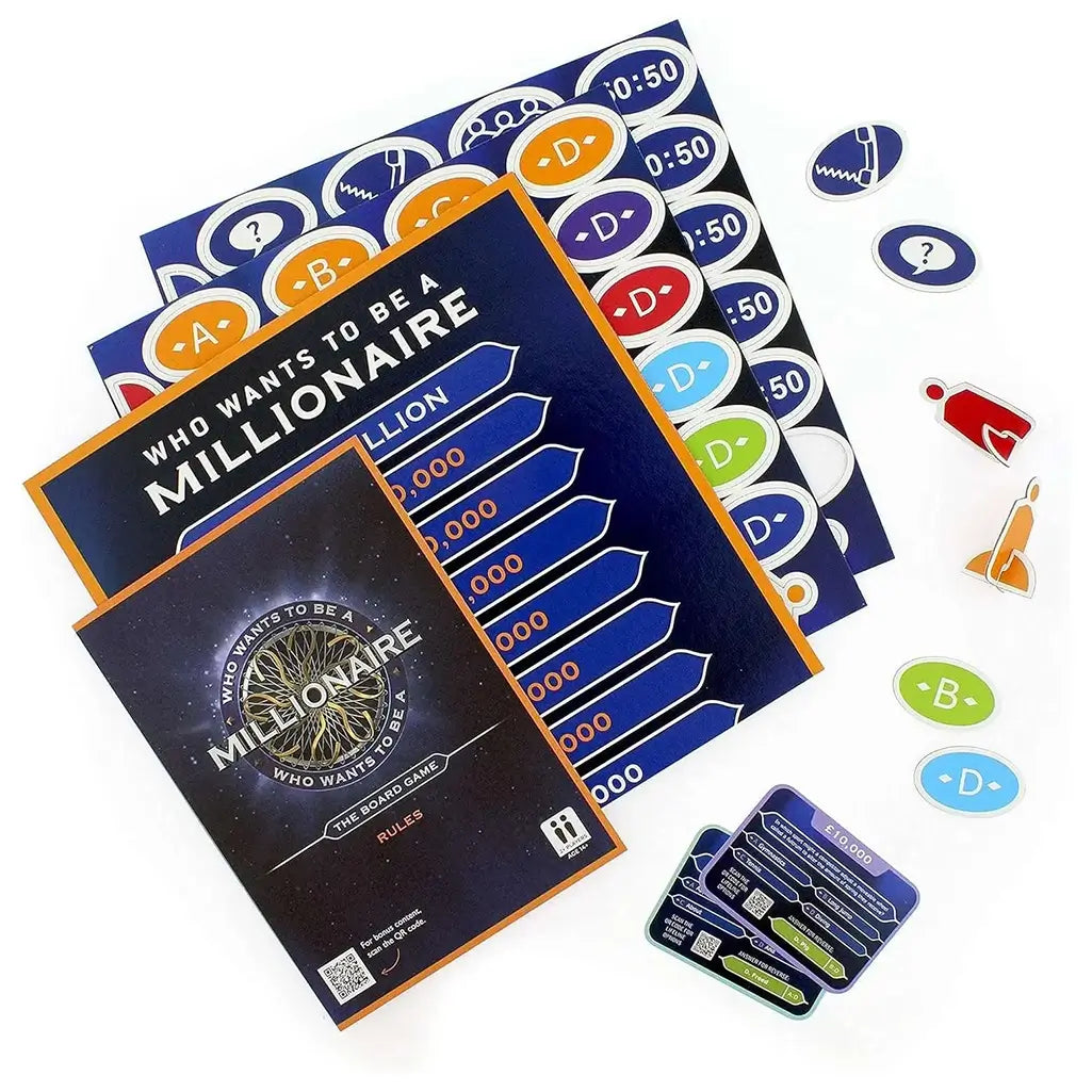 Game components from the Who Wants to Be a Millionaire board game including rules, answer tokens, lifeline markers, and money ladder cards for interactive play.