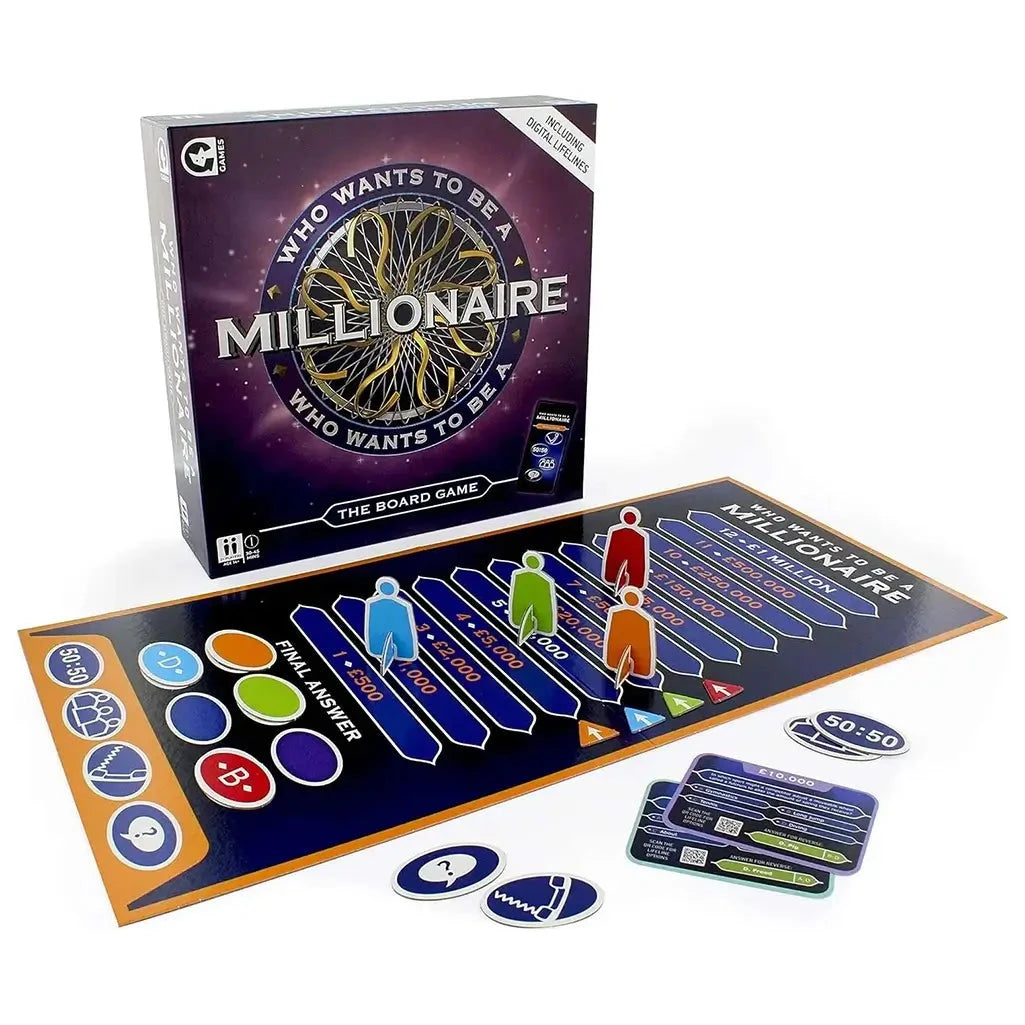Full setup of Who Wants to Be a Millionaire board game including box, game board, player markers, cards, and lifeline tokens for an immersive trivia experience.