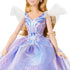 Wicked Glinda fashion doll outfit detail features pastel purple and blue colors, sheer mesh sleeves, glittered fabric textures, and a fitted bodice flowing into a full skirt, emphasizing a magical princess theme from Wicked.