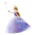 Wicked Glinda fashion doll side view shows lavender glitter skirt, flowing tulle layers, smooth vinyl limbs, and a star-tipped wand, illustrating the doll’s elegant form, fantasy costume, and play-focused design.