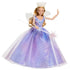 Wicked Glinda deluxe fashion doll shown in lavender and pastel blue colors, with glittered tulle fabric, fitted bodice, flowing ball gown skirt, translucent crown, and star wand, designed as a Mattel collectible inspired by the Wicked musical.