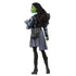 Back view of Wicked Elphaba doll in gray uniform with black shoulder bag and pink book, showcasing braided hair and detailed outfit stitching.