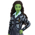 Wicked Elphaba doll with green skin, braided dark hair, and a gray patterned cardigan over a collared shirt, posed confidently in detailed close-up view.
