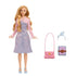 Wicked Glinda doll with accessories including light blue headband bow, textured pink purse with gold clasp, and pastel book with brown strap.