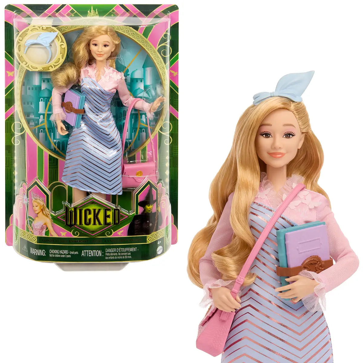 Packaged Wicked Glinda doll wearing light blue chevron dress with pink sheer top, long blonde hair, and accessories, displayed in decorative green and pink box.
