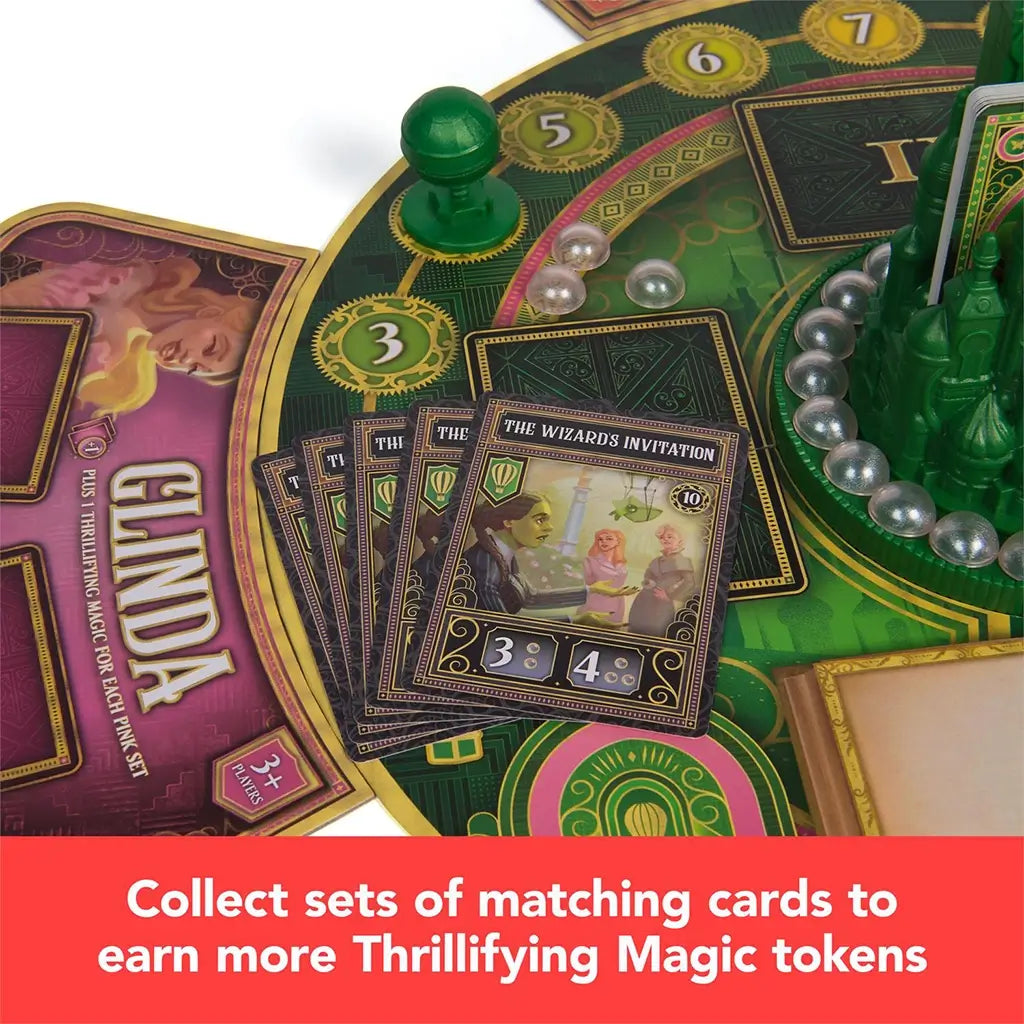 Glinda’s player board with cards depicting the Wizard and other characters, captioned to highlight collecting sets to earn Thrillifying Magic tokens.